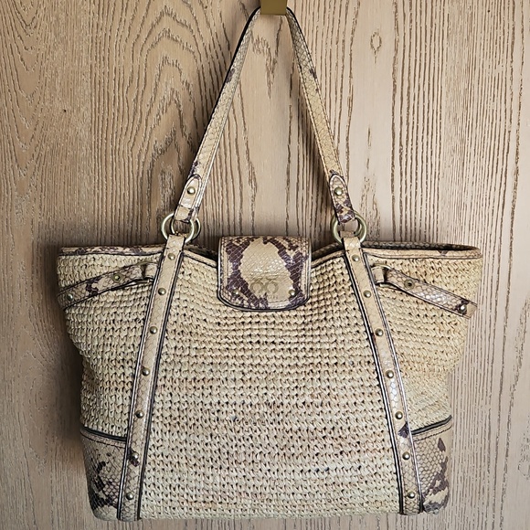 Coach Natural Straw Tote with Snakeskin-Trim - Picture 3 of 12